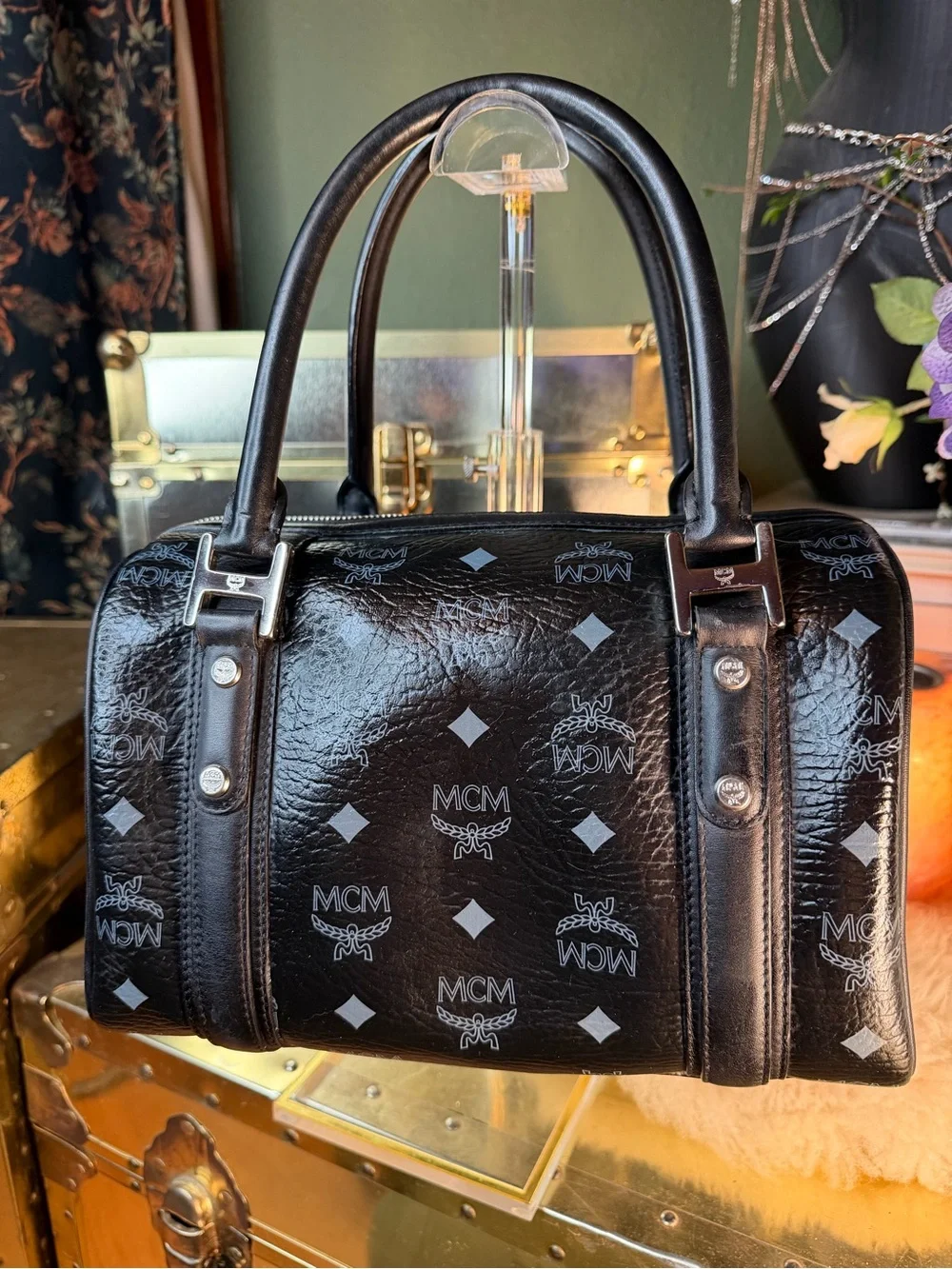 MCM Black Monogram Satchel Boston with Green-Silver-Orange MCM Charm